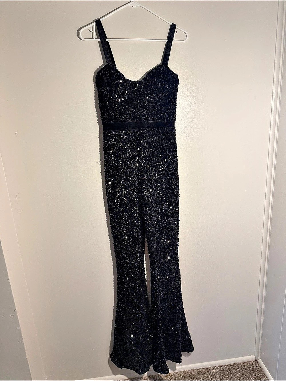 PrettyLittleThing Black Sequin Velvet Waistband Strappy Jumpsuit Black Medium
